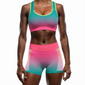 Gradient Color 2 Piece Yoga Set High Waist Shorts Scoop Neck Racerback <b>Crop</b> <b>Top</b> Mesh Detailing Breathable Spandex Polyester - Product Image 1