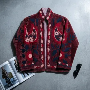 Blazer de terciopelo con cuello mandarín, manga larga, bordado floral hecho a mano, chaqueta de otoño para mujer, longitud estándar, corte regular - Product Image 1