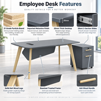 Bureau moderne pour employés avec meuble mobile, poste de travail de bureau en panneau de particules E1 avec pieds en bois de frêne pour espace de travail d'entreprise