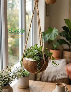 Panier suspendu en coquille de noix de coco naturelle fait main, pot de fleurs décoratif en fibre de coco avec chaîne - Product Image 1