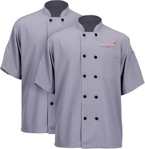 Découvrez la veste de chef à manches courtes Impex en polyester et coton, uniforme de restaurant unisexe, fermeture à boutons, tissu tissé - Product Image 1