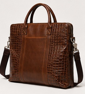 Sac messager d'affaires Gravs en cuir véritable de qualité supérieure, grand format, style vintage, avec détails rivets et motif alligator, pour homme, fermeture éclair - Product Image 3
