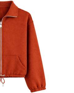 Sudadera corta de forro polar rosa coral con cremallera completa para mujer, cuello polo, bolsillos delanteros, dobladillo con cordón ajustable, estilo casual y cálido para la calle - Product Image 3