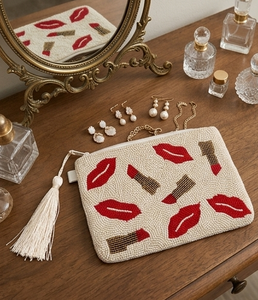 Beaded Lip Pattern Cosmetic <b>Pouch</b> Handmade Vintage Zipper Closure Women's Makeup Bag Beaded Design - Product Image 4