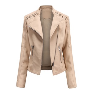 Veste moto en similicuir marron pour femme, col montant, manches longues, fermeture éclair, couleur unie, coupe courte, style automne - Product Image 1