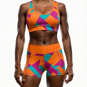 Geometric Print 2 Piece Yoga Set High Waist Shorts Scoop Neck Racerback <b>Crop</b> <b>Top</b> Breathable Spandex Polyester - Product Image 1