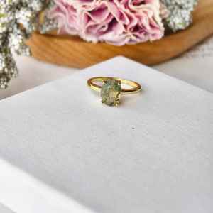 Bague en argent sterling 925 plaqué or 14 carats avec agate mousse ovale, pierre naturelle, bijou fait main pour femme, cadeau - Product Image 4