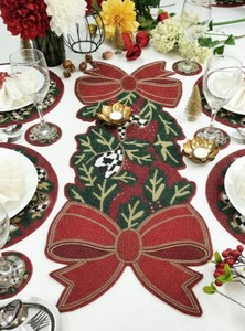 Christmas Table Runner with <b>Red</b> <b>Bow</b> and Holly Design Fabric Mats for Dining Table Decoration - Product Image 6