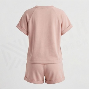 Ensemble 2 pièces tricoté rose pour femme, col rond, manches courtes, coupe ample, couleur unie, décontracté, printemps-été, longueur au-dessus du genou - Product Image 2