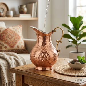 Carafe à eau artisanale en cuivre martelé avec emblème floral étoilé et poignée en laiton vintage, carafe à eau traditionnelle en cuivre pur - Product Image 4