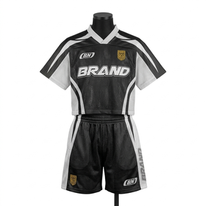 soft polyester mesh <b>shorts</b> set breathable cream with red striped panels transfer stitched <b>patch</b> logo custom for <b>men's</b> set - Product Image 3