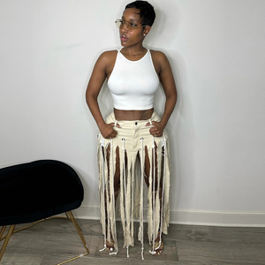 Jupes longues en coton pour femmes, prêtes à être expédiées, nouvelle collection été, style déchiré avec franges, jupes blanches de créateur pour femmes 2026 - Product Image 4