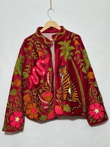 Eclectic Styling Hand Embroidered Suzani <b>Velvet</b> Jacket Tiger Snake Maroon Palm Tree Artwork Outwear Statement Floral Boho <b>Coat</b> - Product Image 2