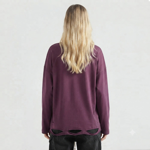 T-shirt Grunge Oversize Femme Effet Usé Coupe Ample Épaules Tombantes Manches Longues Col Rond Tissu Épais - Product Image 2