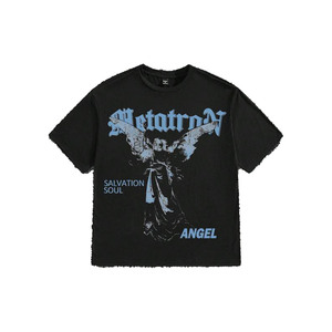 Camisetas personalizadas para hombre con gráfico de ángel negro, estilo boxy, con dobladillo desgastado, oversize, streetwear, de algodón, personalizadas, OEM, al por mayor - Product Image 1