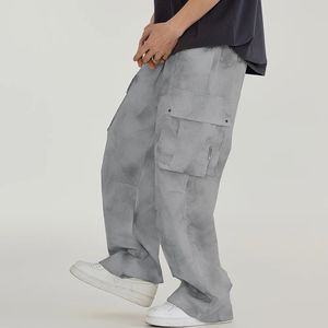 Pantalon cargo gris unisexe, coupe ample, jambe large, taille à cordon, plusieurs poches, style streetwear décontracté, style printemps, longueur intégrale, 100% coton - Product Image 2
