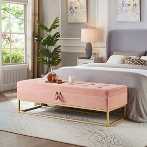 Panca letto in velluto rosa da 58,6 pollici con base in metallo e contenitore, mobile per soggiorno - Product Image 1