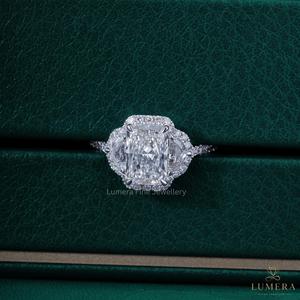 Luxury Radiant Cut Lab Grown Diamond Halo Engagement <b>Ring</b> 14K 18K White Gold Half <b>Moon</b> Three Stone Pave Anniversary Bridal <b>Ring</b> - Product Image 2
