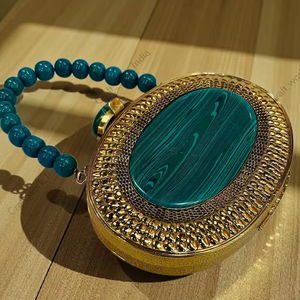 Oval Malachite Gemstone Panel Clutch with Beaded Stone Handle <b>Gold</b> Tone Metal Frame Handmade Luxury Statement <b>Bag</b> for wedding - Product Image 4