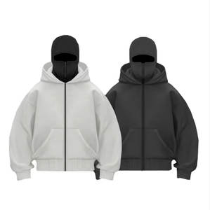 Sweat à capuche zippé pour homme en coton épais, avec broderie personnalisée de haute qualité, motif cagoule ninja, patchwork et double capuche, effet délavé à l'acide - Product Image 1