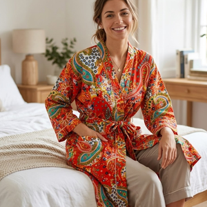 Kimono Bohemio de Algodón con Estampado Floral Naranja |   Bata de dormir de manga larga con cuello en V para mujer |   Ropa de estar por casa de alta calidad, sostenible y de diseño excepcional - Product Image 4