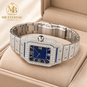 MB ETERNAL JEWELS นาฬิกาข้อมือควอตซ์อะนาล็อก ตัวเรือนทรงสี่เหลี่ยมหรูหรา สายสแตนเลสสตีลอัลลอย หน้าปัดคริสตัลแซฟไฟร์ ตัวเลขโรมันสีน้ำเงิน - Product Image 1