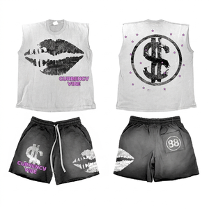 Conjunto de camiseta sin mangas y pantalones cortos de algodón polar vintage negro de 300 GSM con estampado gráfico personalizado DTG. - Product Image 5