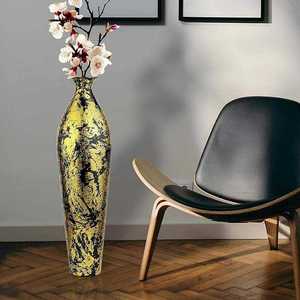 Elegante jarrón alto de bronce para suelo, diseño contemporáneo hecho a mano con manchas amarillas y negras, recipiente decorativo de metal al mejor precio. - Product Image 3
