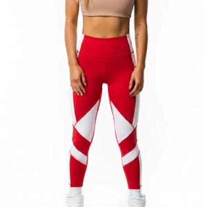Leggings de sport pour femmes, taille haute, rouge et blanc, longueur intégrale, extensibles, 100% polyester, leggings de yoga pour femmes - Product Image 2