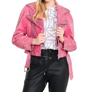 Chaqueta de cuero de motorista rosa de Invierno para mujer, piel de oveja, cierre de cremallera genuino, a prueba de viento, transpirable, con calefacción, patrón de animales en relieve - Product Image 5
