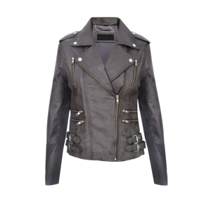 Veste moto en cuir PU pour femme, manches longues, col montant, fermeture éclair, couleur unie, pour l'automne - Product Image 4