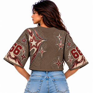 Maillot court en maille marron Y2K pour femme avec strass, col en V, manches courtes oversize, motif graphique numéro et étoiles, tenue d'équipe personnalisée - Product Image 2