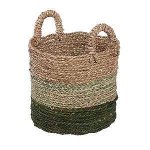 Modern Minimalist Seagrass Storage Basket with Green Gradient Design Hand Woven Laundry Hamper <b>Container</b> Bin with Handles - Product Image 1