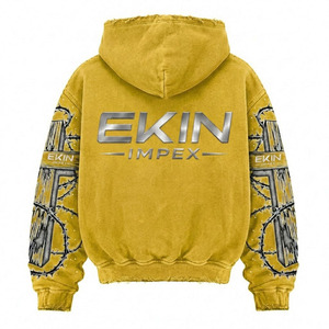Sweat-shirt à capuche jaune pour homme Ekin avec imprimé fil barbelé, coupe classique, style décontracté, imprimé DTF, tissu polaire français, vêtement d'automne - Product Image 2
