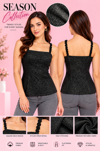 <b>Women's</b> <b>Black</b> Stretch Hosiery <b>Tank</b> <b>Top</b> – Square Neck Sleeveless Fitted Camisole with Stylish Straps <b>tank</b> - Product Image 4
