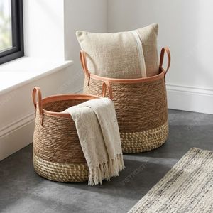 Two-Tone Round <b>Seagrass</b> <b>Basket</b> with Leather Handles Woven Storage <b>Baskets</b> Living Room Décor Household Organization Products - Product Image 3