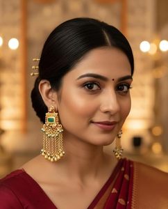 Pendientes Kashmiríes de Lujo Chapados en Oro para Mujer |   Pendientes Étnicos Tradicionales con Piedra Verde y Borlas de Perlas |   Nupcial - Product Image 4