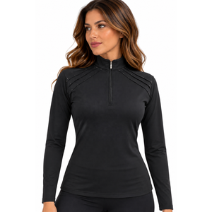Camisa de competición ecuestre negra para mujer, manga larga, con cremallera de un cuarto, cuello alto y detalle de pedrería en el hombro - Product Image 1