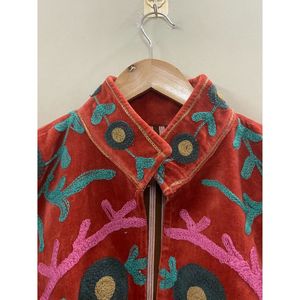 Hand Embroidered Velvet Cotton <b>Jacket</b> Women Mandarin Collar Full Sleeve Autumn Winter Bohemian Eye Pattern Open Front Coat - Product Image 3