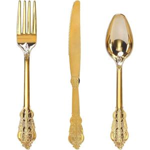 Ensemble de couverts de luxe style classique doré pour décoration de table, cuillère, fourchette, couteau, sans BPA, sans danger pour les aliments. - Product Image 1