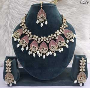 Ethnic Antique Gold Plated <b>Statement</b> <b>Necklace</b> Set Pink AD Stone and Pearl Tassel Choker with Drop Earrings and Tikka Set Festive - Product Image 4