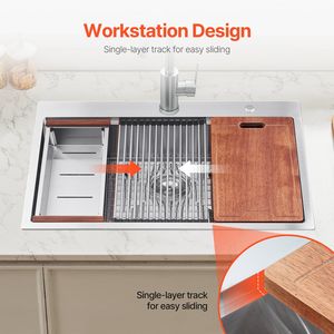 Lavello da Cucina da 30 Pollici in Acciaio Inossidabile 304, Workstation con Vasca Singola, Montaggio Superiore, Stile Farmhouse con Bordo, Lavello da Incasso Multiuso - Product Image 4