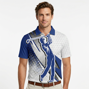 Polo de Manga Corta para Hombre, Estampado Azul y Blanco, Impresión Digital, Transpirable, Estilo Golf - Product Image 4