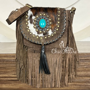 New Arrival Genuine Cowhide Leather Fringe Crossbody <b>Bag</b> with Turquoise Concho Bohemian Suede Leather Western Handbag <b>for</b> Women - Product Image 1
