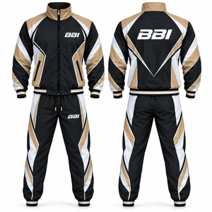 Conjunto deportivo personalizado para hombre en negro, marrón, dorado y blanco, con paneles geométricos, chaqueta cortavientos con cuello tipo túnel y pantalones deportivos con puños a juego. - Product Image 1