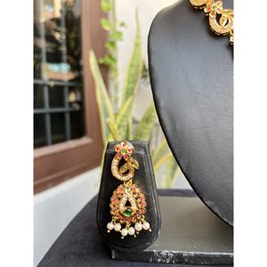 Indian Mores Gold Plated Brass AD Stone Jadau Jewelry Sets for Women Ethnic Festive Party Casual Wedding Jaipur Rajasthan - Product Image 4