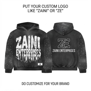 Sweat à capuche en molleton de coton brossé premium 400 g/m² noir/gris avec logo graphique imprimé en relief personnalisé, style streetwear décontracté pour homme, collection automne - Product Image 1