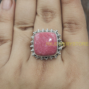 Natural Pink Rhodonite Gemstone Ring Handmade 925 Sterling Silver Vintage Boho Statement Jewelry Cushion Shape Gift for Unisex - Product Image 3