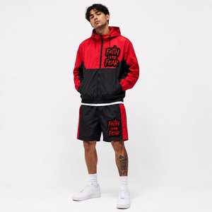 Conjunto Deportivo de Chaqueta con Capucha y Pantalones Cortos de Punto Rojo y Negro para Hombre, Ropa Deportiva de Invierno Transpirable de Poliéster - Product Image 4