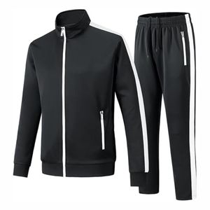 Men's <b>Black</b> Tracksuit Set Stand Collar Zip Jacket <b>And</b> Pants With <b>White</b> Side <b>Stripes</b> - Product Image 1